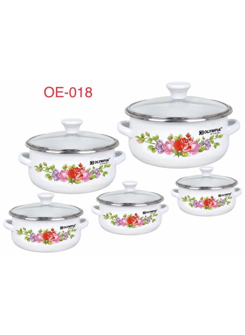 Olympia طقم أواني طهي مينا أوليمبيا 10 قطع، أواني ذات جودة ممتازة مع أغطية زجاجية، تصميم زهور أنيق، توزيع حرارة متساوي، أدوات مطبخ تدوم طويلاً للعائلات - Image 1